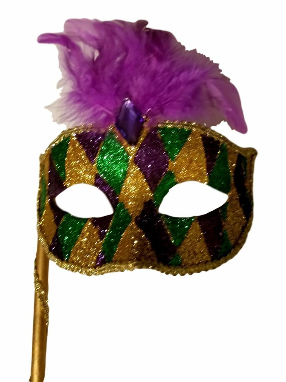 Gold Purple Green Marquis Venetian Masquerade Mardi Gras Stick Mask