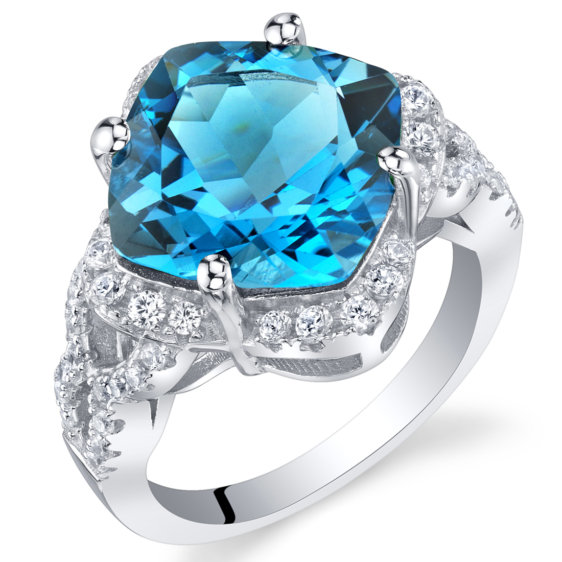 Sterling Silver Cushion Cut Swiss Blue Topaz Halo Ring - Genuine Gemstone