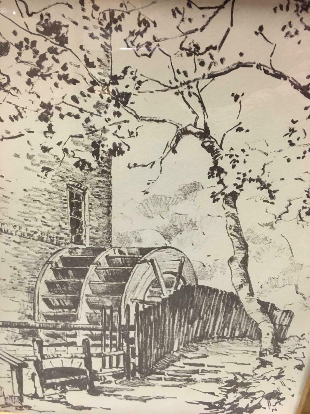 Beautiful Ink Drawing Signed By Artist Trow Trees And Water Wheel Next