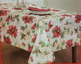 Printed Linen Tablecloth 60"x84"Oblong, Christmas,Poinsettia Flowers & Post, Bm - $23.75