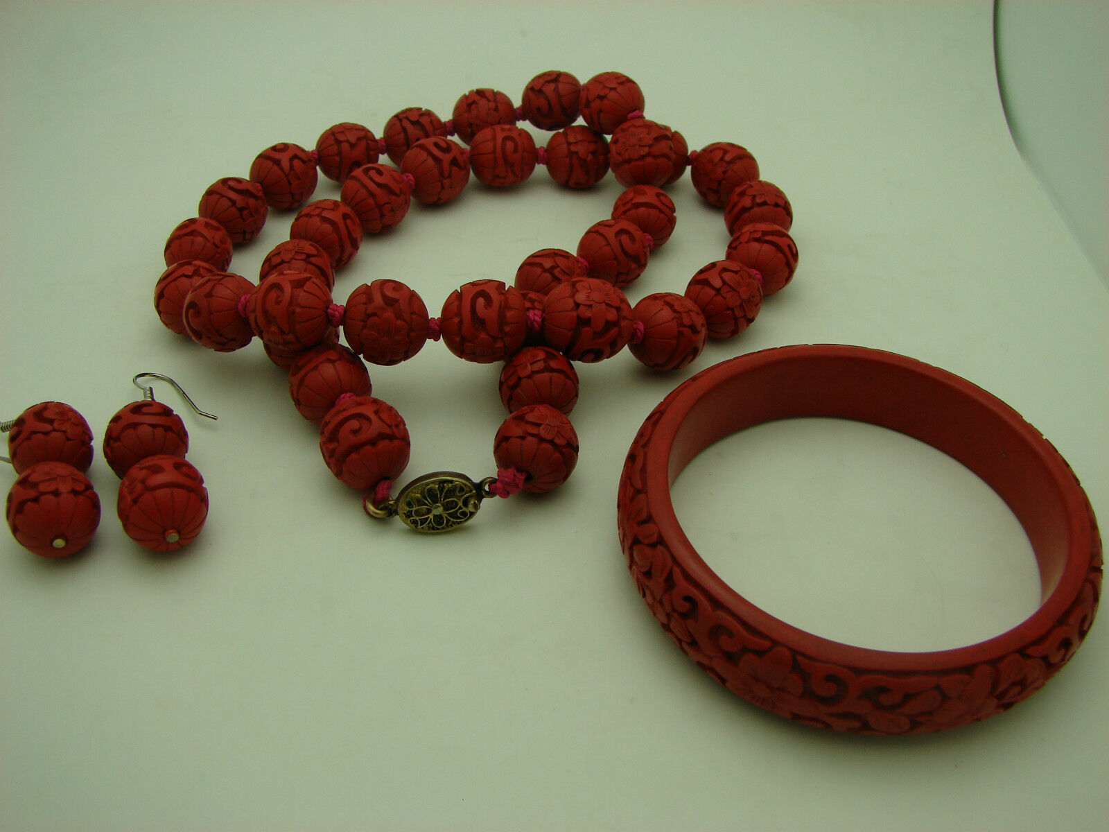 Primary image for VINTAGE Chinese Red Cinnabar Floral Bead Necklace Bangle Earrings Set Sterling