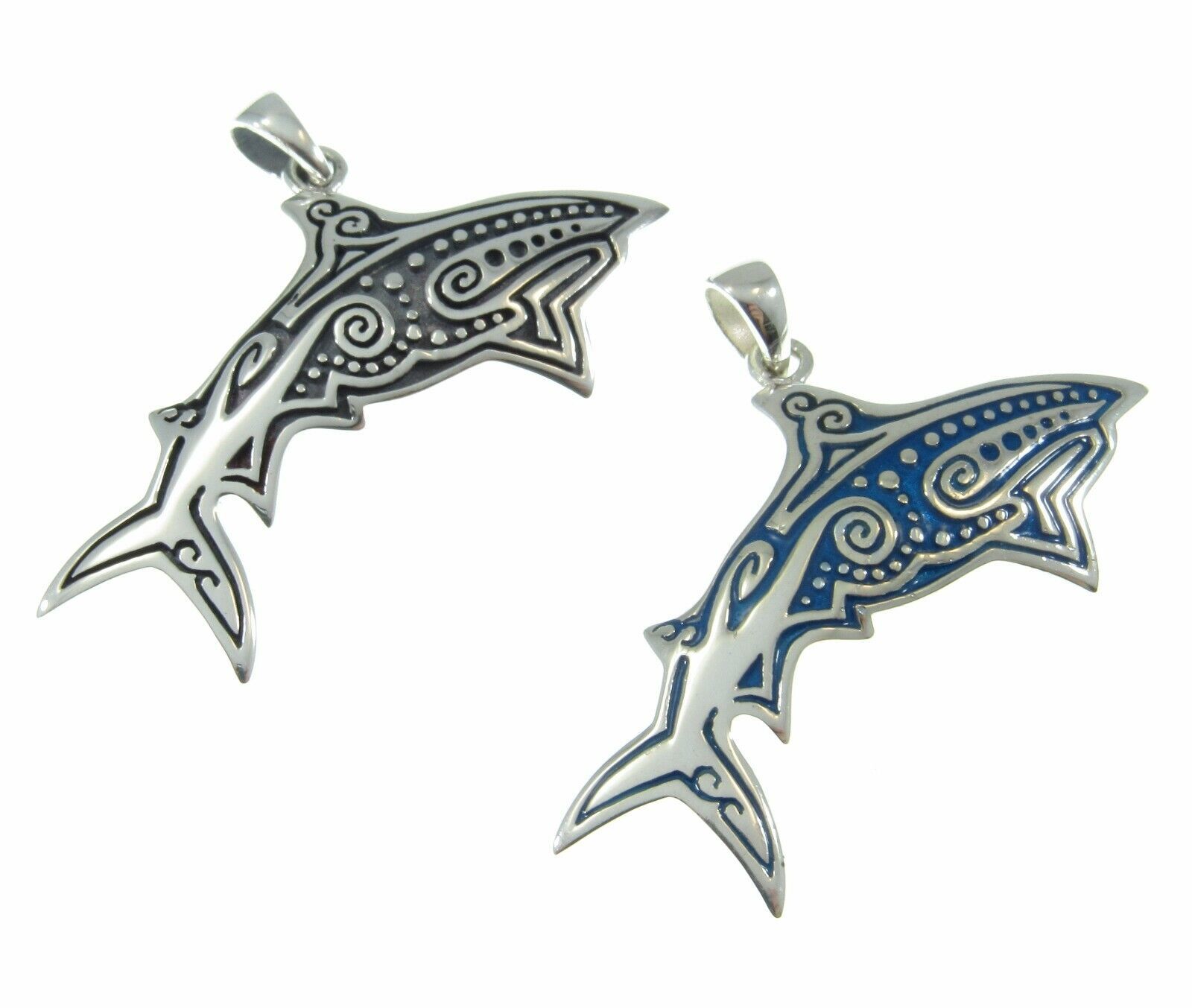 Handcrafted Solid 925 Sterling Silver Aboriginal Shark Pendant w/ Blue Enamel