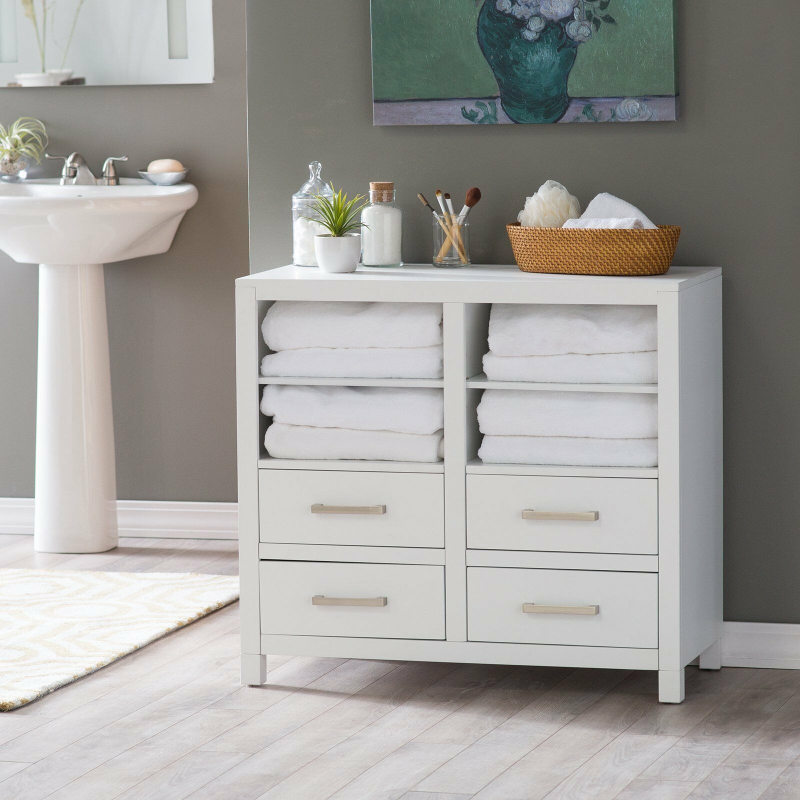 Classic White Freestanding Bathroom Storage Cabinet For Linens Toiletries Chest - Bath Caddies 