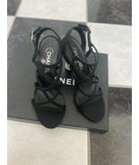 NIB 100% AUTH Chanel 14P Black Silk Crepe Pearl Heel Strappy Sandals Sz ... - $989.01