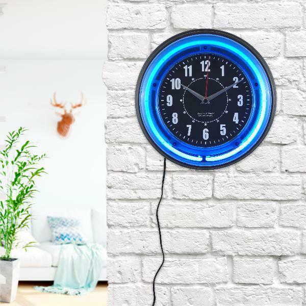 Blue Neon Light Wall Clock Battery Operated Backup 11" Garage