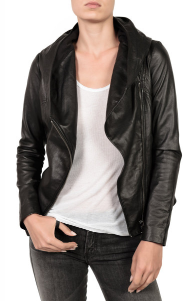 New Women Wide Collar Black Hoodie Biker Leather Jacket - Coats & Jackets