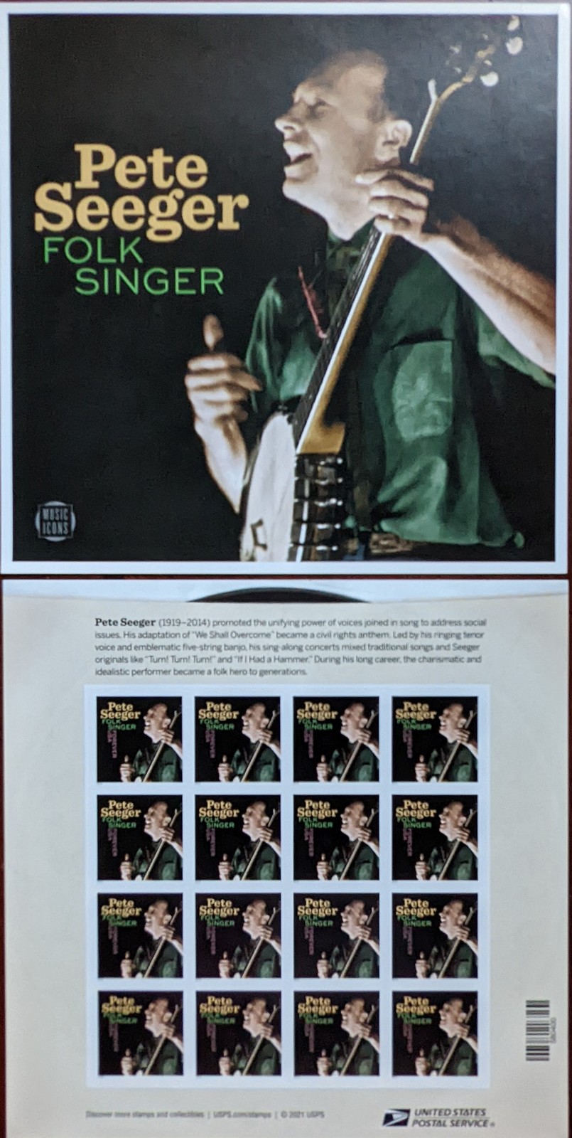 Primary image for Pete Seeger (1919-2022) USPS Forever Stamp Sheet 2022