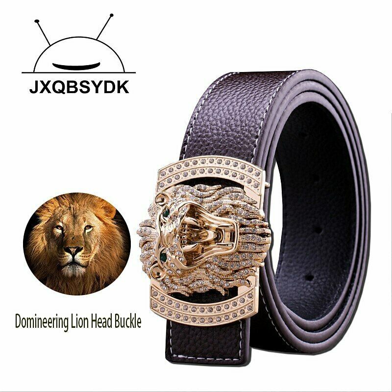 Gold Color Lion Head Buckle Men Belt Fashion Shiny Split Leather Animal