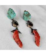 NATURAL TURQUOISE  CORAL CARVED DIAMOND 18K GOLD  925 SILVER VICTORIAN E... - $655.50