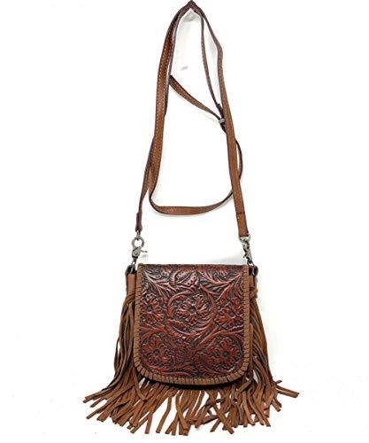 Western Genuine Leather Floral Tooled Fringe Womens Crossbody Bag 3 Color (Brown