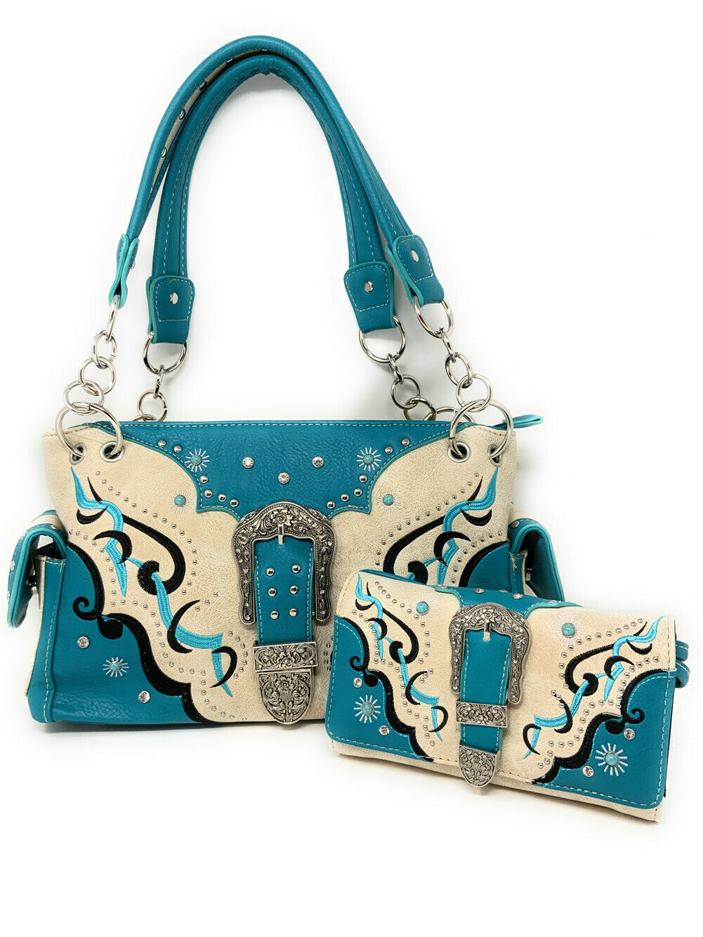 Women's Tooled Leather/LaserCut Purse Buckle ConcealedCarry Handbag wallet set