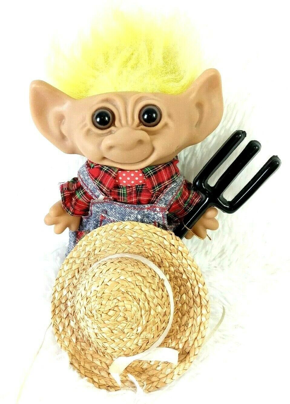 Vintage Uneeda Doll Co Farmer Troll Wishnik With Pitch Fork Hat Yellow Hair - $29.61