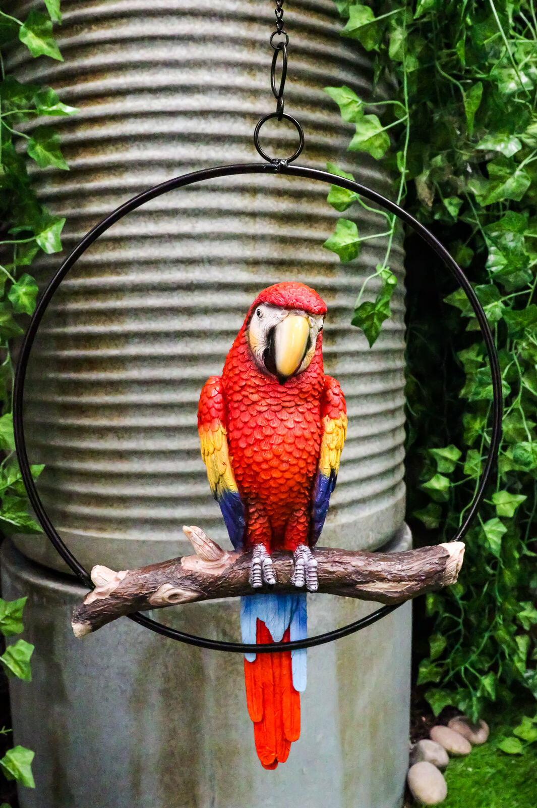 Ebros Hanging Scarlet Macaw Parrot Perching on Branch in Metal Round Ring 13.5H
