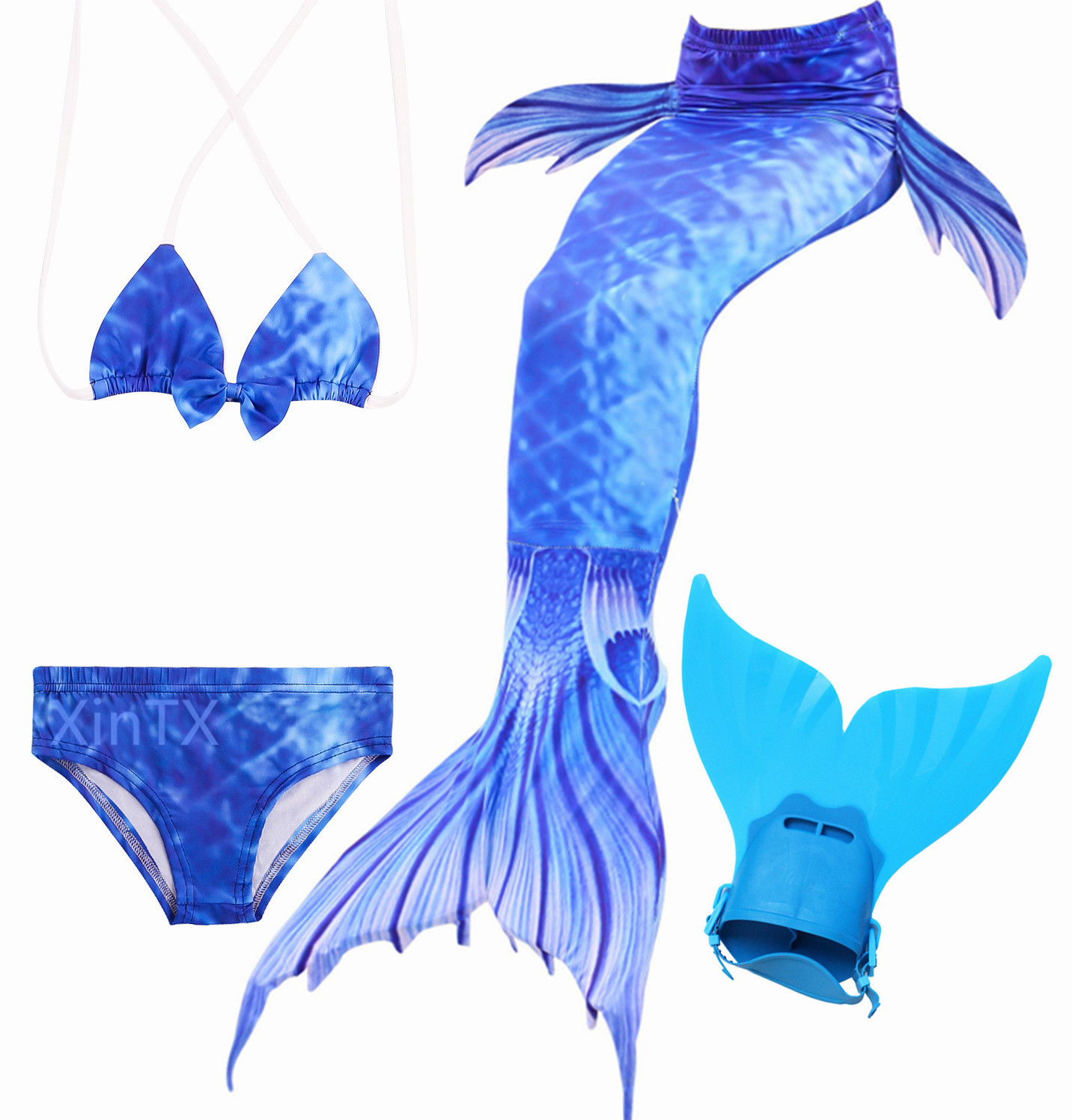 4PCS/Set Blue Swimmable Mermaid Tail With Monofin Girl Swimwear Costume swimsuit