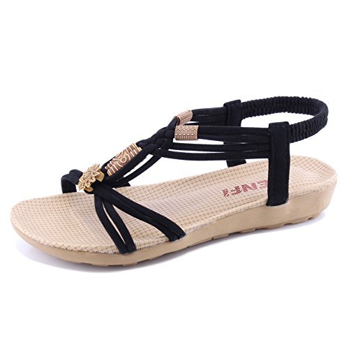 SENFI Women Summer Bohemia Elastic Strappy String Sandals,WSF01,Black ...