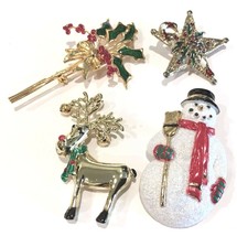 Vintage Christmas Pins Reindeer Snowman Star Holly Lot of 4 Gold Tone - $24.99