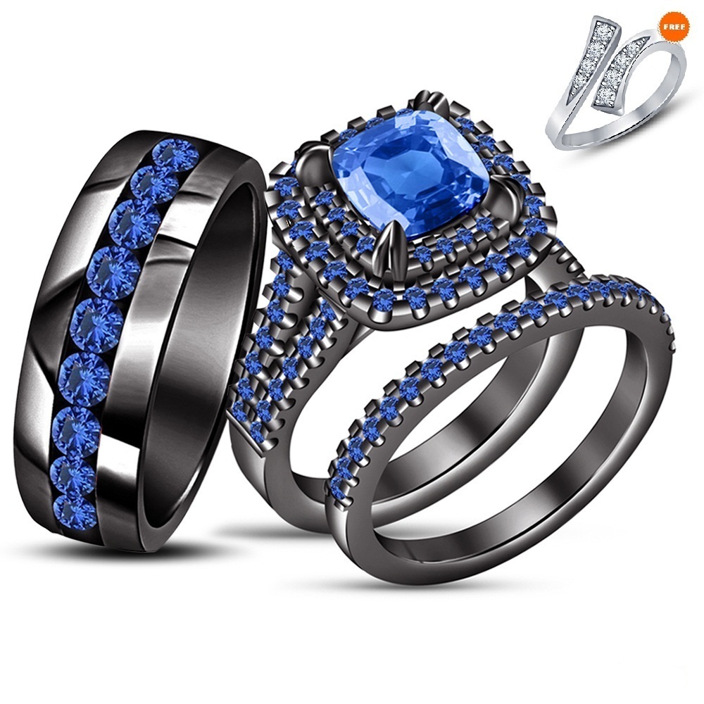 Blue Sapphire Black Gold Finish 925 Silver Wedding Ring Trio Set W ...