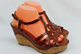 Guess Women&#39;s Brown Leather Cork Wedge Strappy Platform Heels Sandals Si... - $39.59