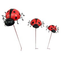 Ladybug Garden Stakes Set of 3 Double Pronged Metal 20 - 28" High Red Black  - $39.10