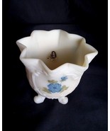 MCM Fenton Laura Long Handpainted 4 1/2" Tri Toe Custard Glass Blue Floral Bowl - $23.84