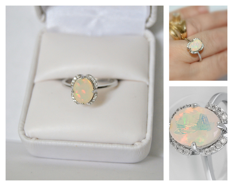 Large Opal Engagement Ring, Cathedral, Oval, Halo, Silver, Promise Ring ...