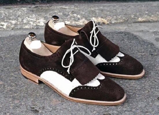 NEW Handmade Dark Brown White Shoes, Mens Wing Tip Lace Up Fringe Leather Suede