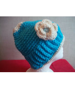 Crocheted Turquoise and White Messy Bun Ponytail Hat - $9.85