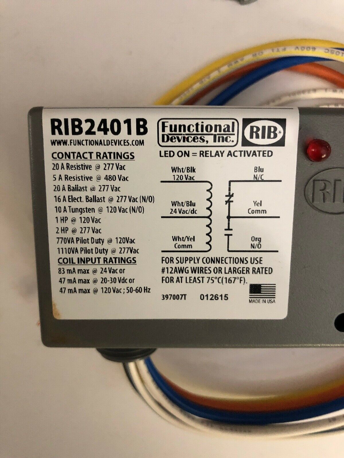 NEW, RIB, RIB2401B, ENCLOSED RELAY, 24VAC, 75 MA MAX, 2030VDC. (24J1