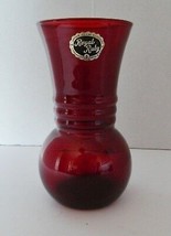 Ruby Red Anchor Hocking Red Ribbed Glass Vase Vintage with Sticker - $16.71