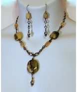 Handcrafted Serpentine Quartz and Citrine Nugget Brass Necklace and Earr... - $34.80