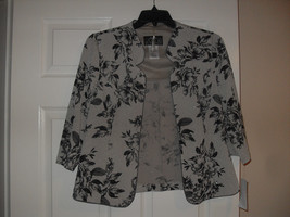 Alex Evenings Womens Black/Taupe Floral Print Open Front Mock Jacket Pet... - $21.77