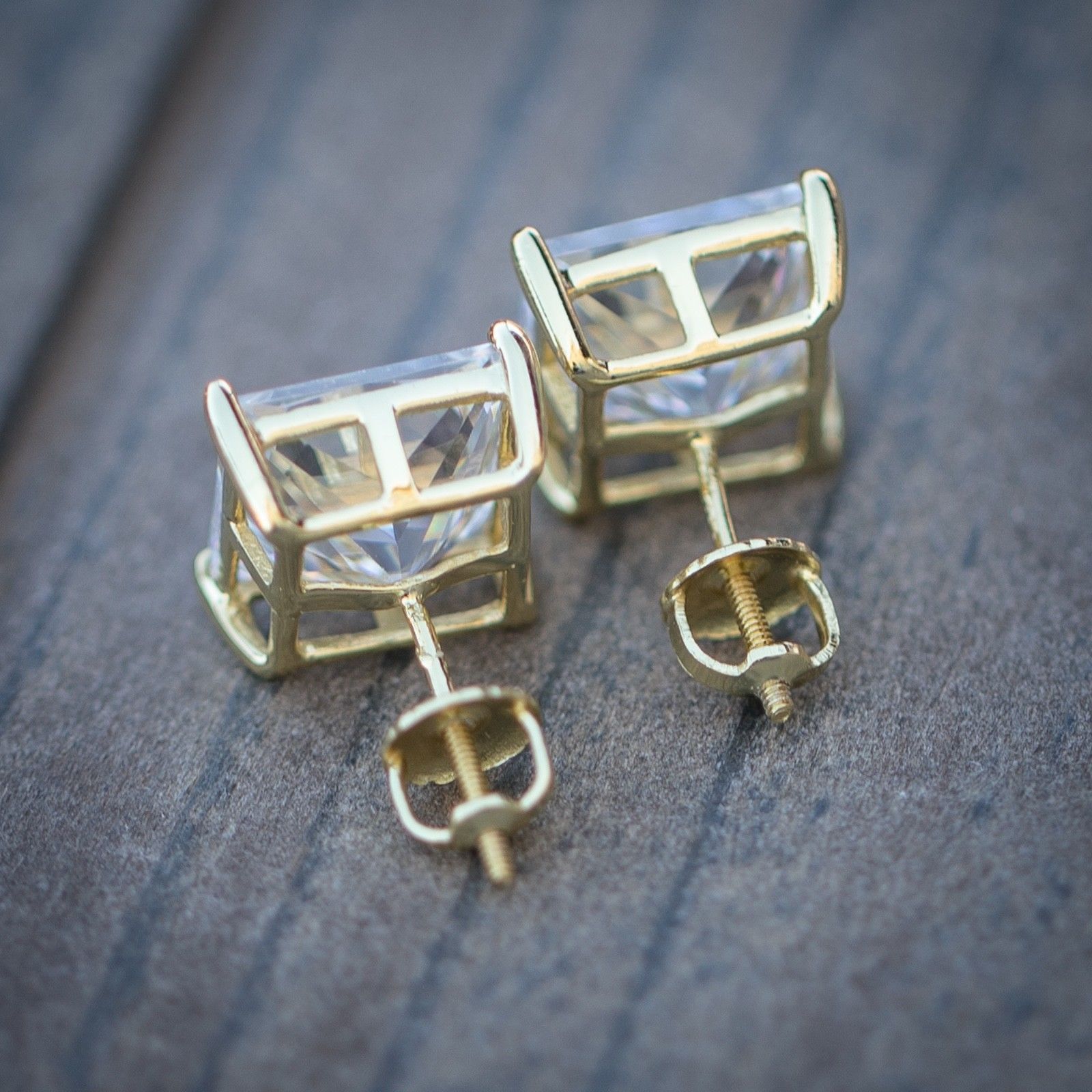 Men's Stud Princess Cut Earrings Large Screw Back 10K Gold Finish