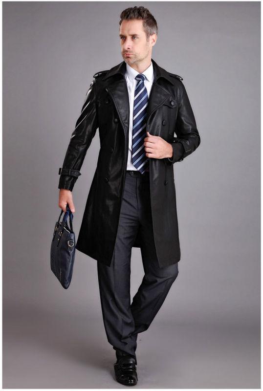 Image of MEN LEATHER COAT WINTER LONG LEATHER COAT GENUINE REAL LEATHER TRENCH COAT-UK4