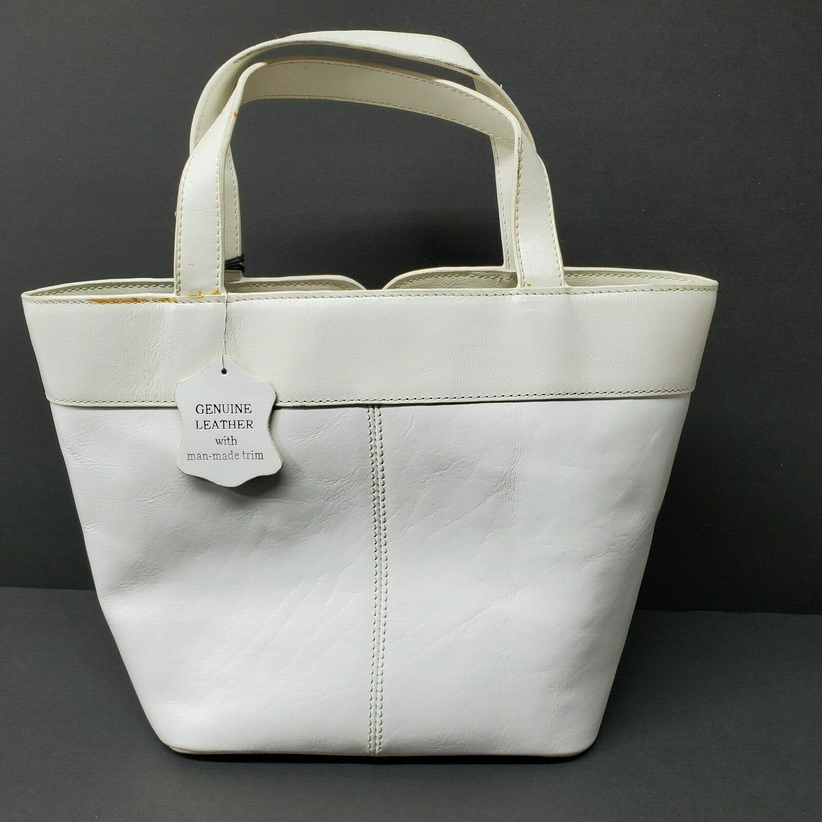 Ego White Tote Bag Leather Purse Black Bow Detail Footed Bottom EUC