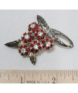 Strawberry Red Rhinestone Brooch Pin Leaves Floral Bouquet Gold Tone Jew... - $8.45