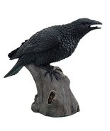 Large 14" Tall Black Raven Crow Bird on Tree Stump Statue Figurine Stalking Dyin - $69.30