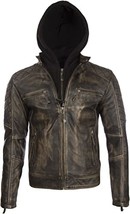 Men&#39;s Real Leather Vintage Biker Jacket with Removable Hood - $119.99+