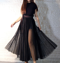 Black Long Pleated Skirt Outfit Black High Waisted Slit Pleated Tulle Skirt Plus image 5