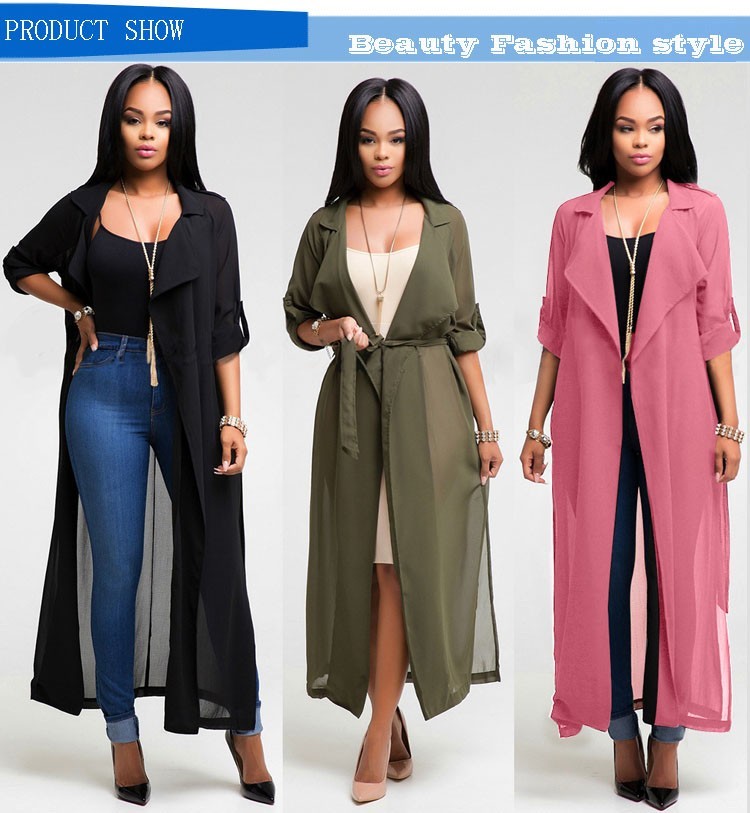 Image of Women Trench Coat Chiffon Duster Causal Office Overcoat Outwear Women Long Robe