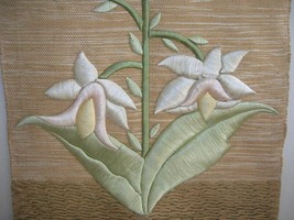 Vintage 3-D Embroidered Silk Iris Wall Hanging Floral Textile Wall Art - $350.00
