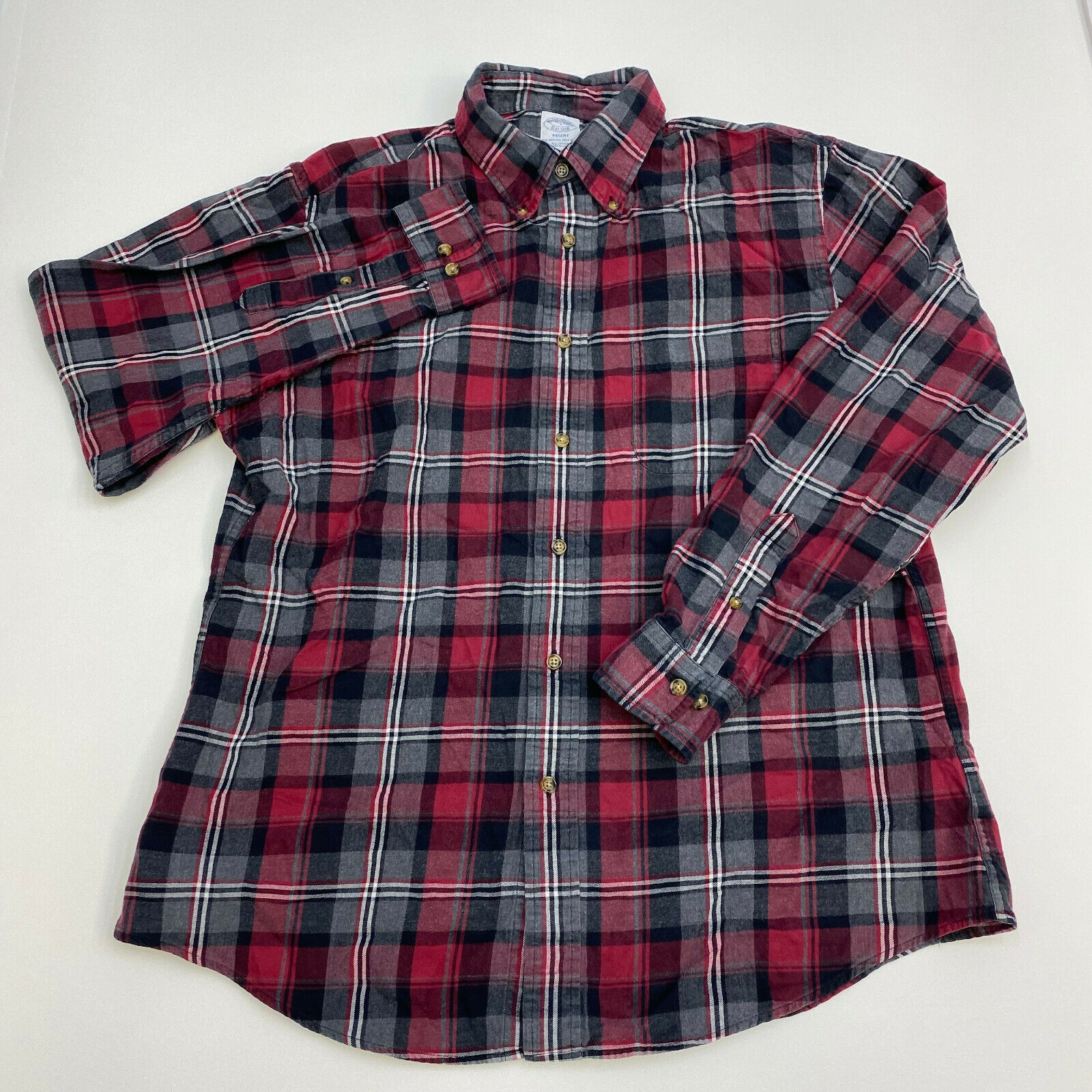 Brooks Brothers Flannel Shirt Mens Large Regent Red Gray Plaid Long ...