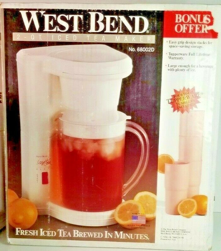 Primary image for VTG West Bend 2 QT ICED TEA MAKER With 4 Bonus 18 Oz Tupperware Tumblers - NEW