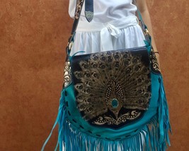 Turquoise Fringe Crossbody Soft Sheepskin Leather Bags with Carving Accent - $150.00
