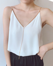 Women's White Party Chiffon Tops Sleeveless V neck Chiffon White Party Top Chain