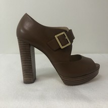 Michael Kors Eleni Leather Platform Heels Size 7M Lt Brown Peep Toe 4.5" Stacked - $61.74