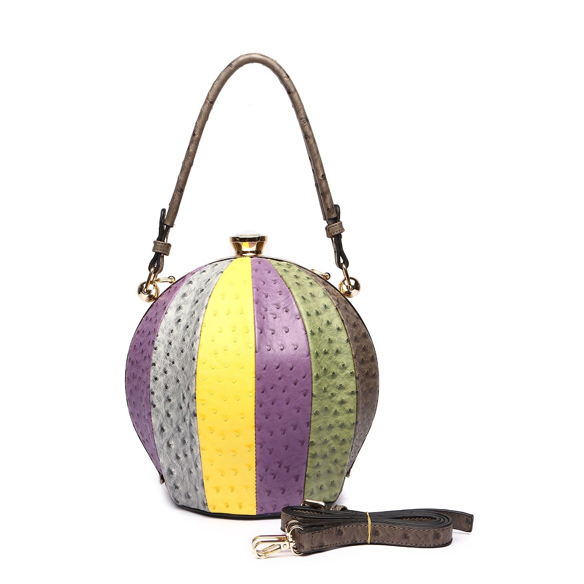 Round Beach Ball Handbag Women&#39;s Fashion Satchel Purse Ostrich Frame Bag Taupe - Handbags & Purses