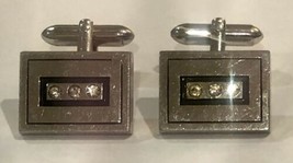 Vintage Swank Silver Tone Rectangular Cufflinks Each With Three Clear Stones - $4.95