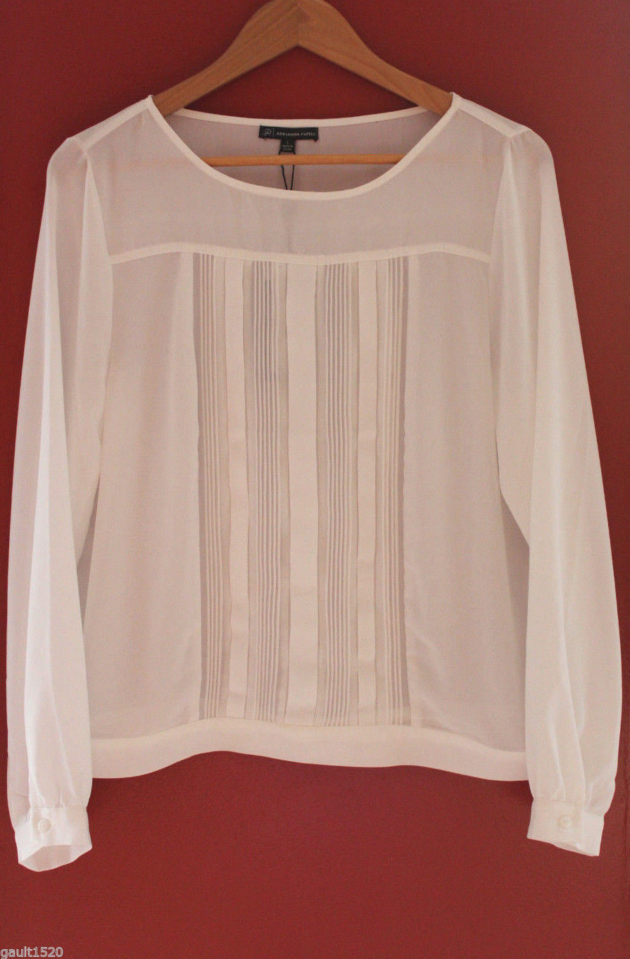 NWT Adrianna Papell Elegant Ivory White Long Sleeve Pintuck Blouse Top L $129 - $40.80