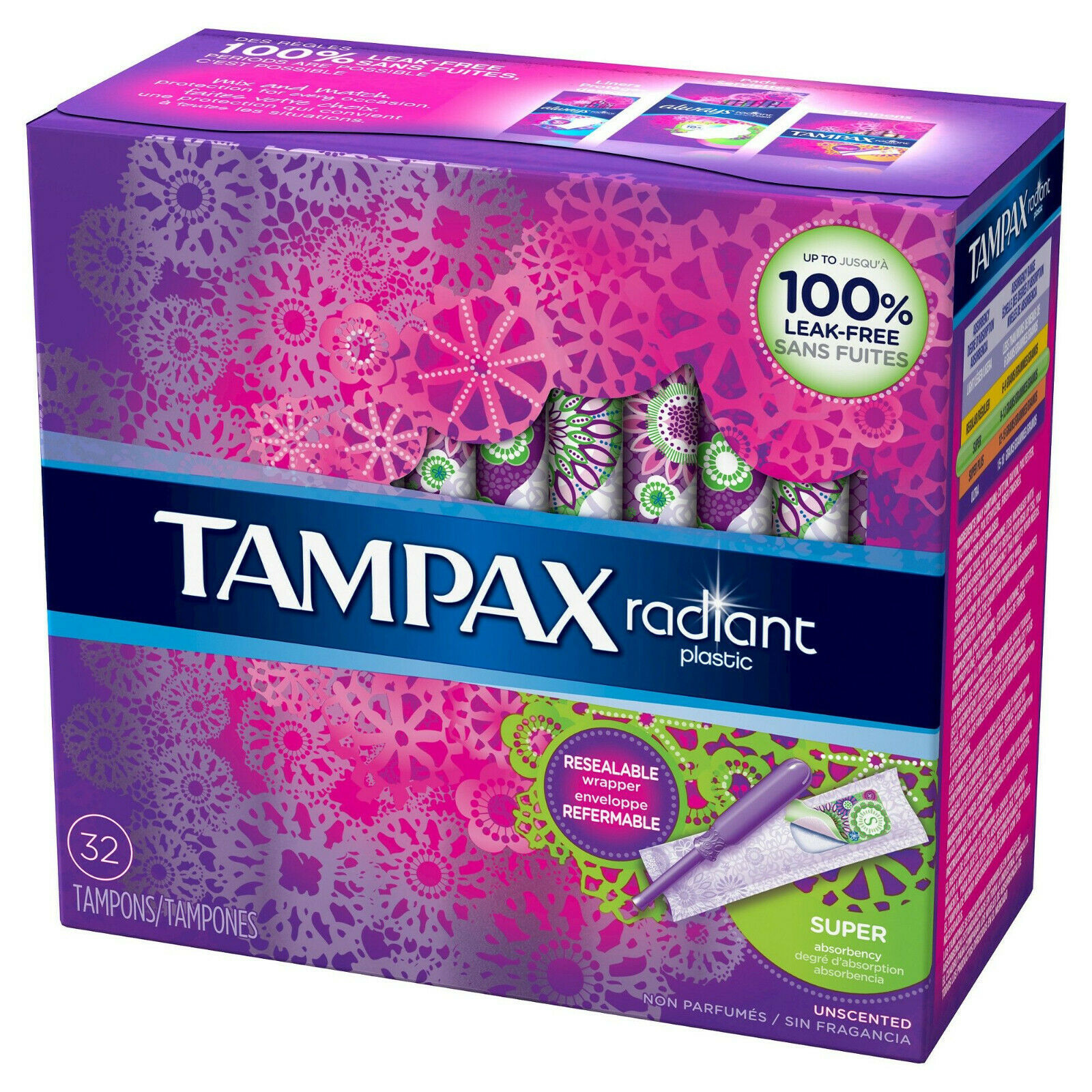 Tampons Tampax Regular Super Unscented Feminine Hygiene Radiant Pearl ...