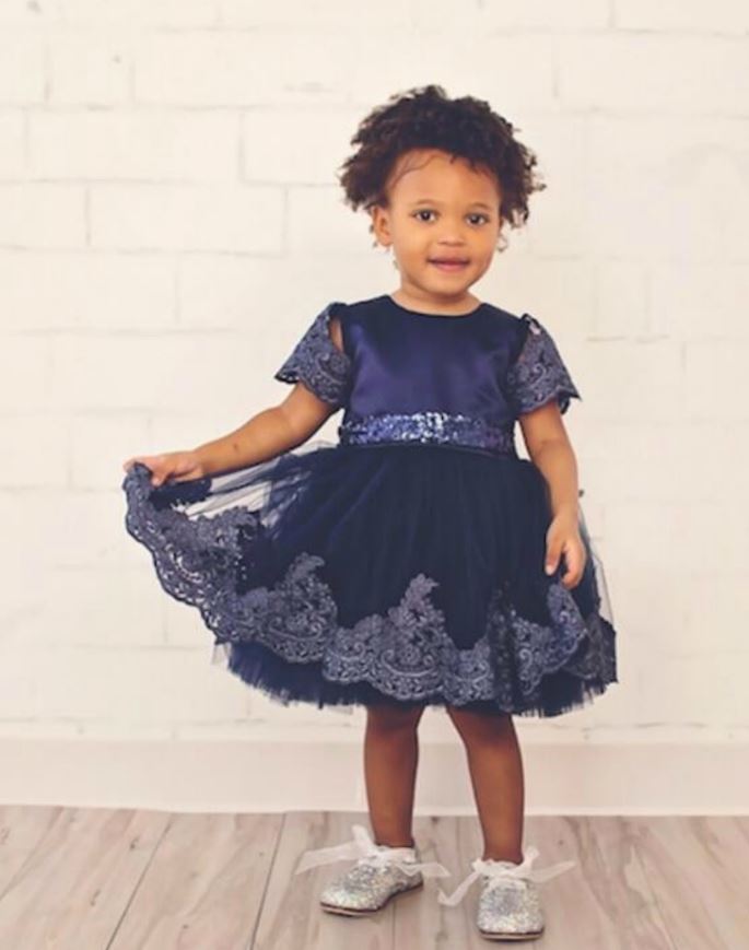 Navy Blue Dress for Infant Girls Blue Embroidered Hems Luxury Wear Baby ...